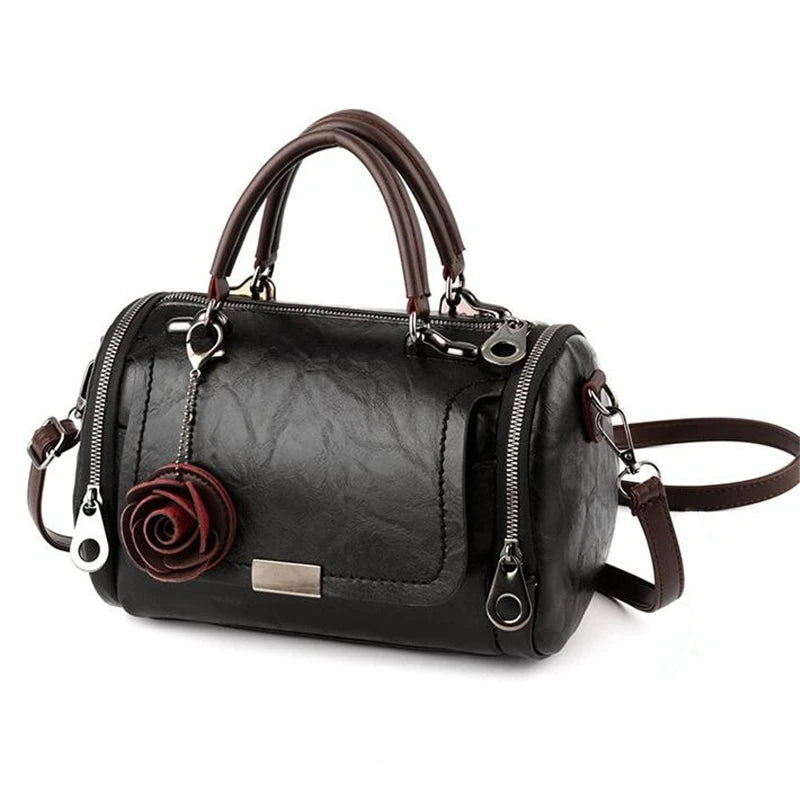 Women's Leather Bag with Flower Pendant